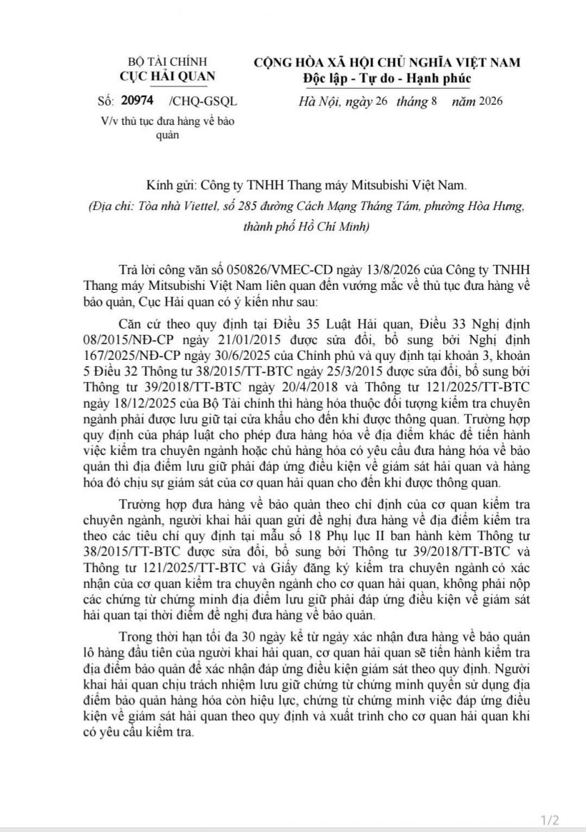 Công văn Cục Hải quan trang 1